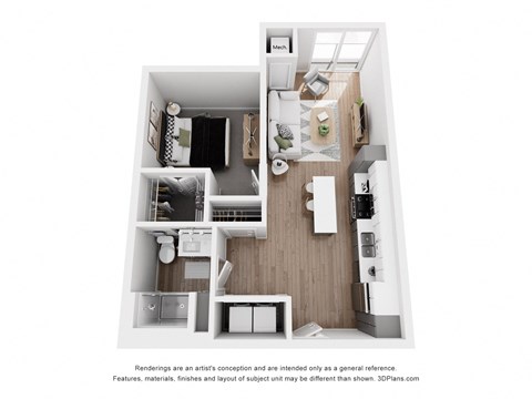 Floor plan for 1 bed, 1 bath, 760 sqft